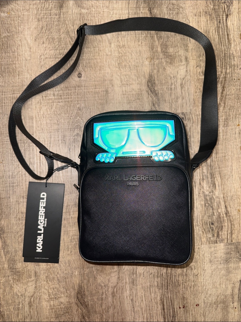 Karl Lagerfeld Black Messenger Bag with Iridescent Teal Accent